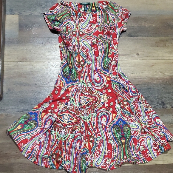 Ralph Lauren Red Multi Colored Paisley Midi Dress - Picture 1 of 8